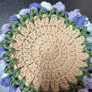 Handmade Crochet tulip Coaster - Beige, Green & Lavender
